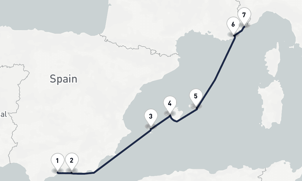 8 nights / 9 days, one-way from Malaga to Villefranche-sur-Mer (Nice, France Riviera)