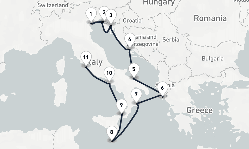 10 nights / 11 days, one-way from Venice to Civitavecchia (Rome, Italy)
