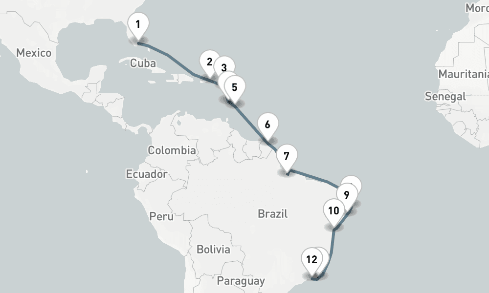 18 nights / 19 days, one-way from Miami (Florida) to Rio de Janeiro