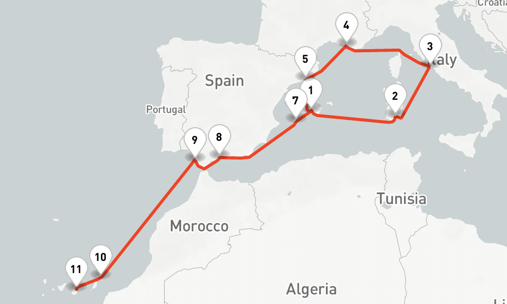 14 nights / 15 days, one-way from Palma de Mallorca (Majorca Island, Spain) to Las Palmas (Gran Canaria, Canary Islands)
