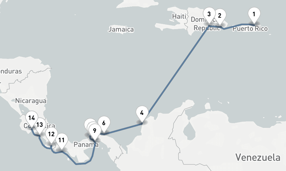 14 nights / 15 days, one-way from San Juan (Puerto Rico) to Puntarenas (Puerto Caldera, Costa Rica)