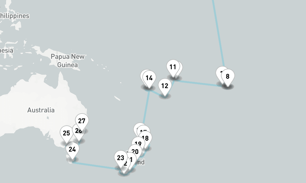 48 nights / 49 days, one-way from San Francisco (California) to Sydney (NSW, Australia)