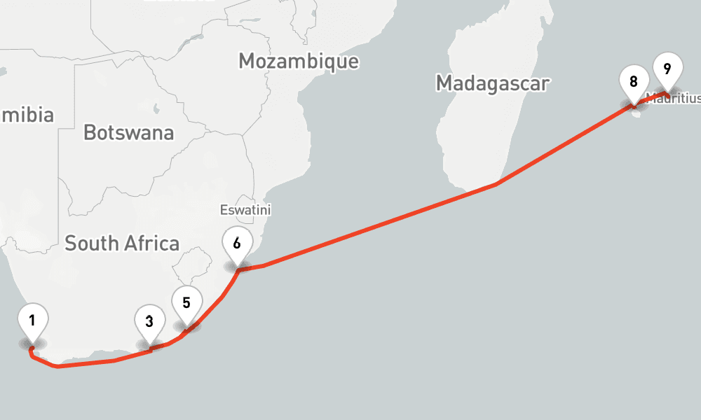 14 nights / 15 days, one-way from Cape Town to Port Louis (Mauritius Island)