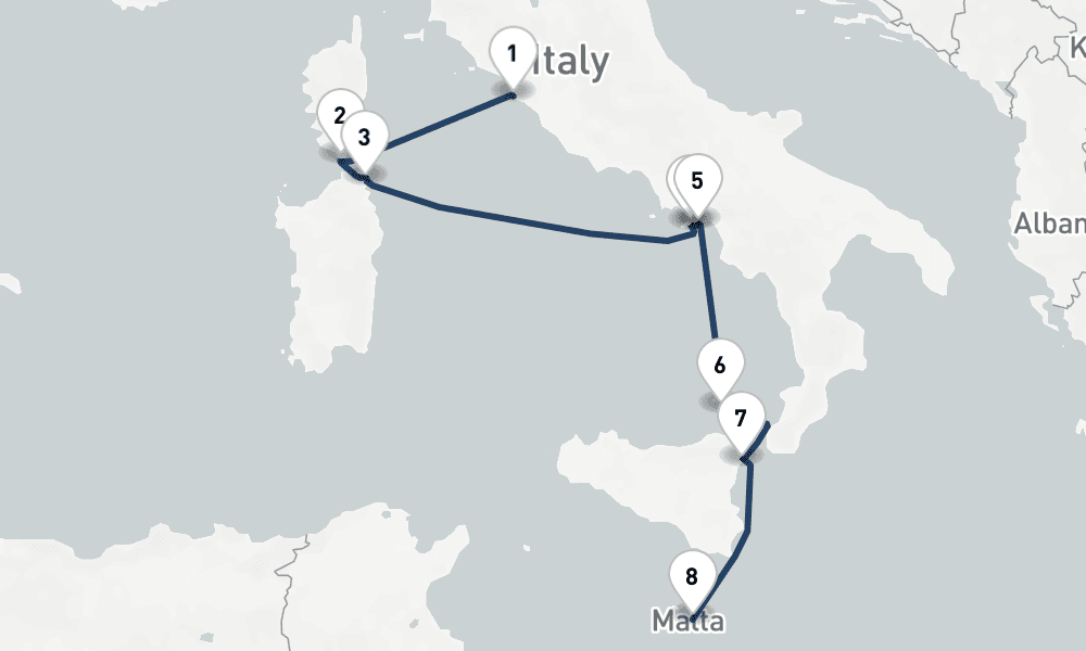 7 nights / 8 days, one-way from Civitavecchia (Rome, Italy) to Valletta