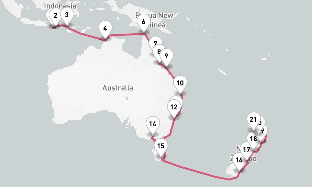 30 nights / 31 days, one-way from Benoa (Bali, Indonesia) to Auckland