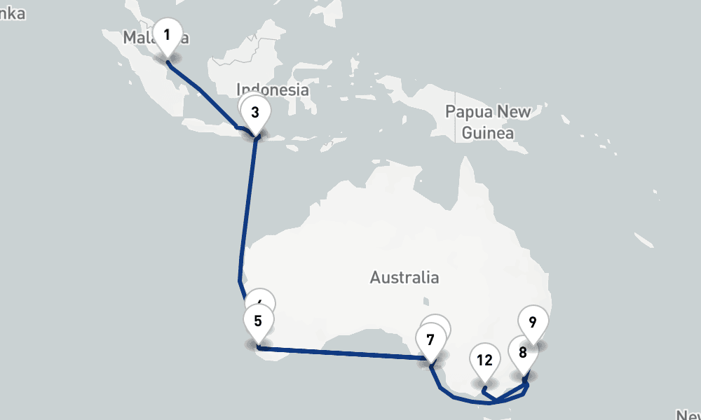 21 nights / 22 days, one-way from Singapore to Melbourne (Victoria, Australia)