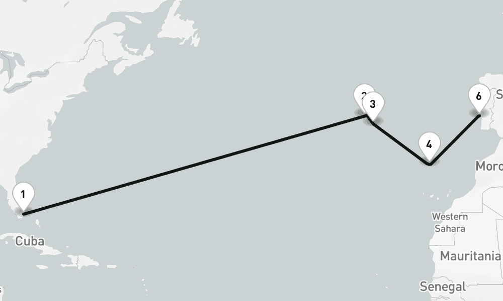14 nights / 15 days, one-way from Miami (Florida) to Lisbon