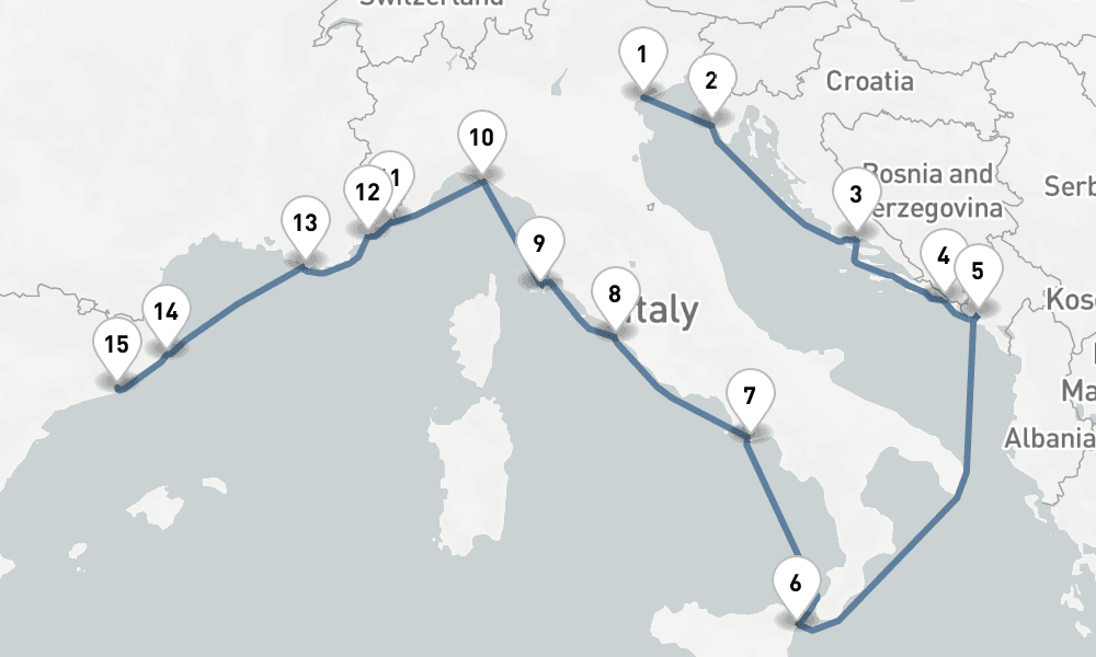 15 nights / 16 days, one-way from Venice to Barcelona