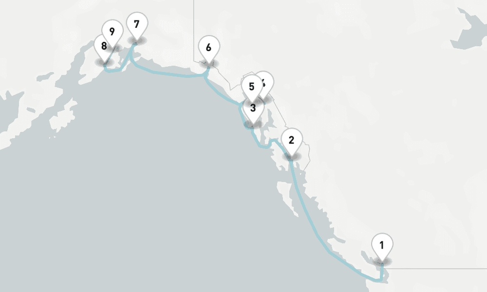 10 nights / 11 days, one-way from Vancouver (BC Canada) to Whittier (Alaska)