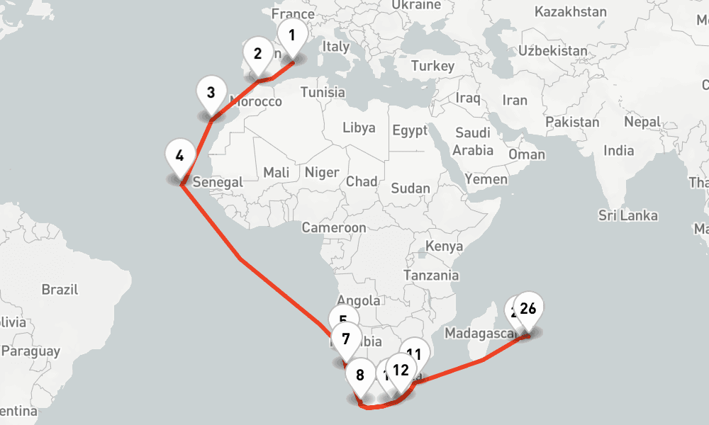 47 nights / 48 days, one-way from Palma de Mallorca (Majorca Island, Spain) to Port Louis (Mauritius Island)