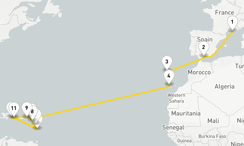 20 nights / 21 days, one-way from Marseille to Fort-de-France (Martinique)