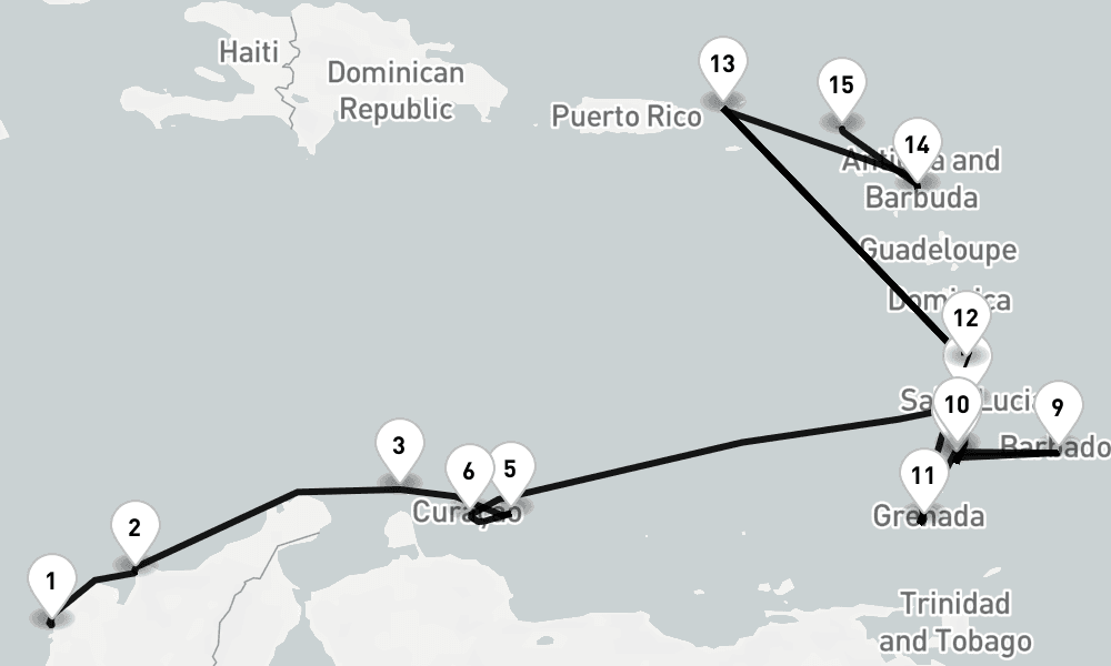 16 nights / 17 days, one-way from Cartagena (Colombia) to Philipsburg (St Maarten Island, Dutch Antilles)