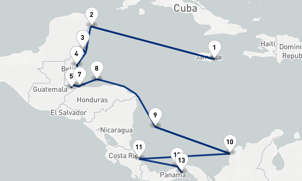 15 nights / 16 days, one-way from Kingston to Panama City (Fuerte Amador, Balboa)