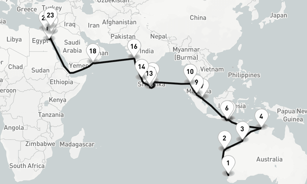 47 nights / 48 days, one-way from Fremantle (Perth, Western Australia) to Ashdod (Jerusalem, Israel)
