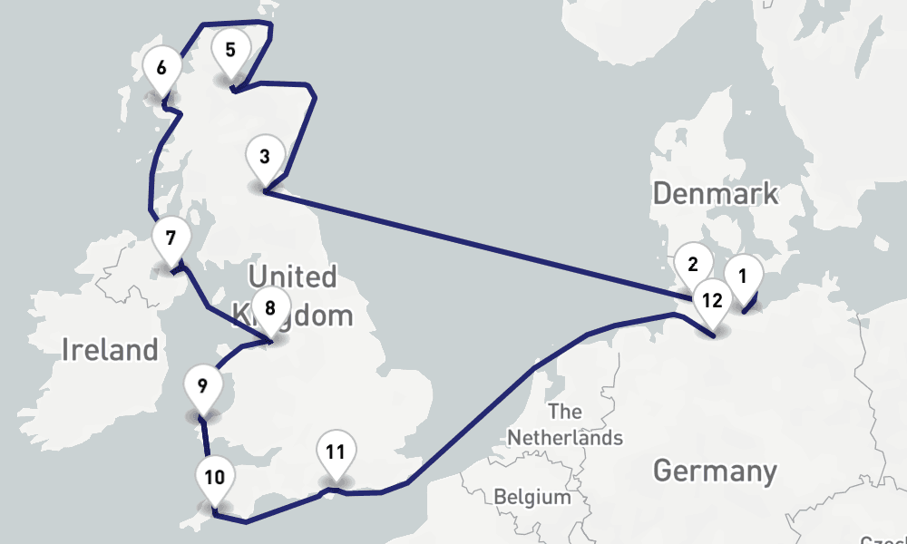 13 nights / 14 days, one-way from Travemunde (Lubeck, Germany) to Hamburg