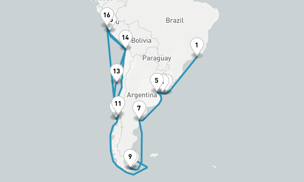 28 nights / 29 days, one-way from Rio de Janeiro to Callao (Lima, Peru)