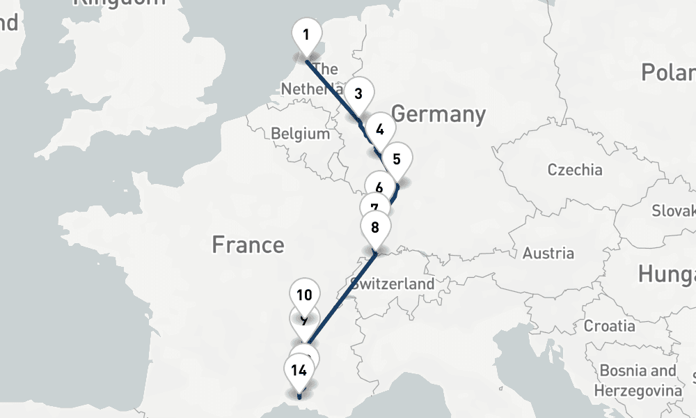 14 nights / 15 days, one-way from Amsterdam (Holland) to Arles