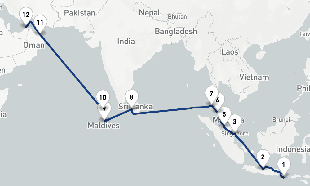 21 nights / 22 days, one-way from Benoa (Bali, Indonesia) to Dubai (Port Rashid, UAE)