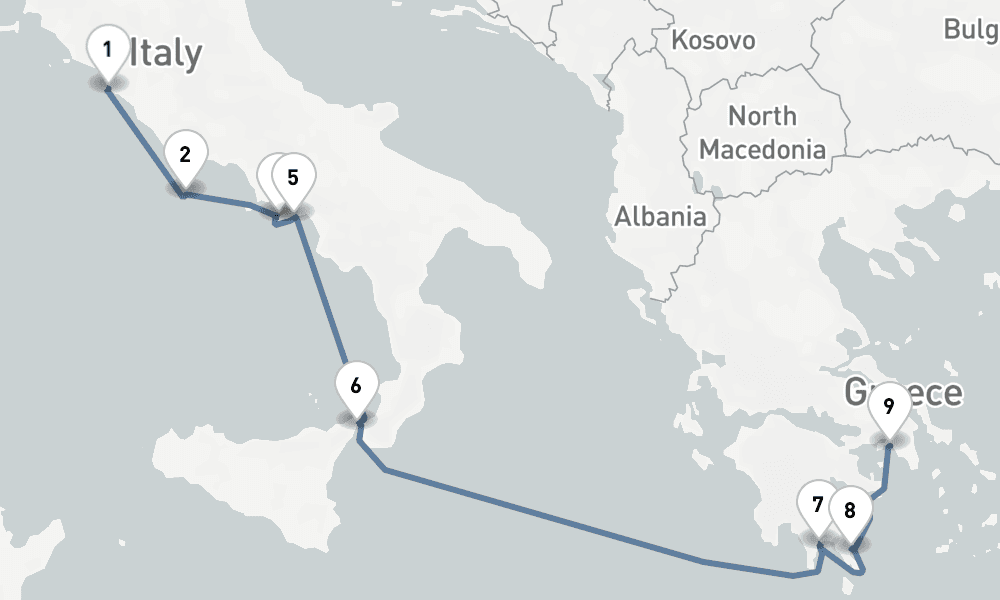 8 nights / 9 days, one-way from Civitavecchia (Rome, Italy) to Piraeus (Athens, Greece)