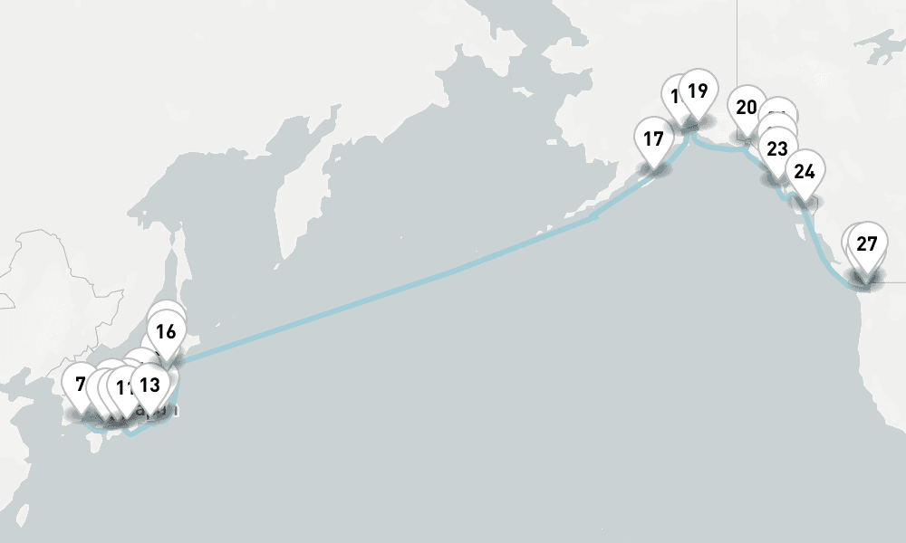 38 nights / 39 days, one-way from Tokyo to Vancouver (BC Canada)