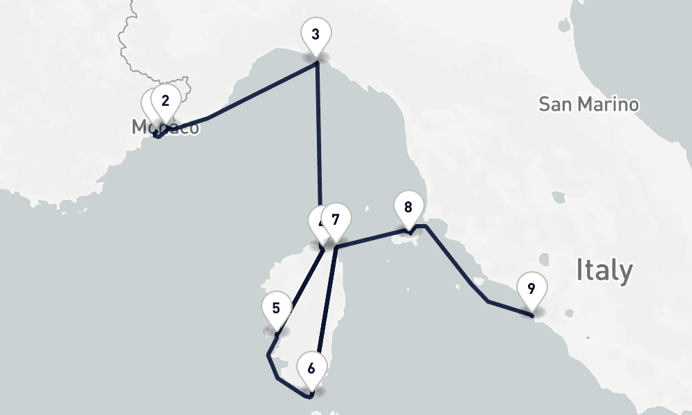 8 nights / 9 days, one-way from Villefranche-sur-Mer (Nice, France Riviera) to Civitavecchia (Rome, Italy)