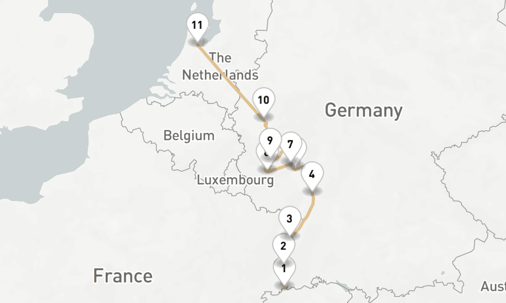 9 nights / 10 days, one-way from Basel to Amsterdam (Holland)
