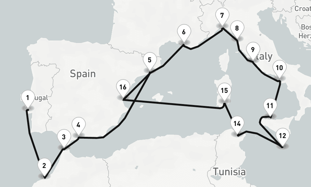20 nights / 21 days, one-way from Lisbon to Barcelona