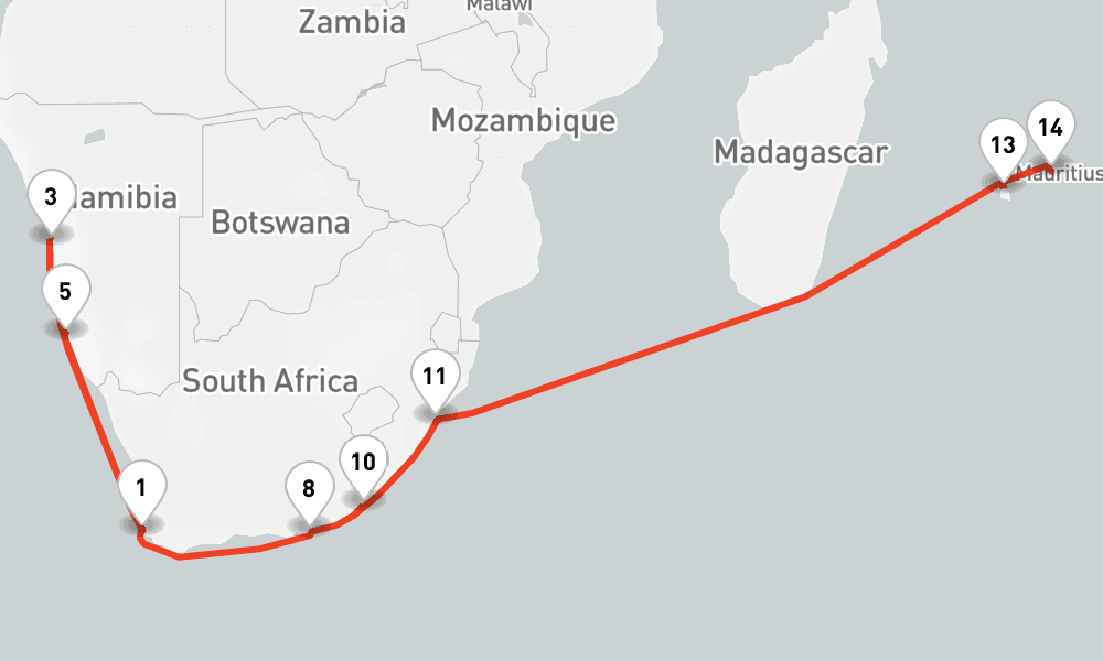 20 nights / 21 days, one-way from Cape Town to Port Louis (Mauritius Island)