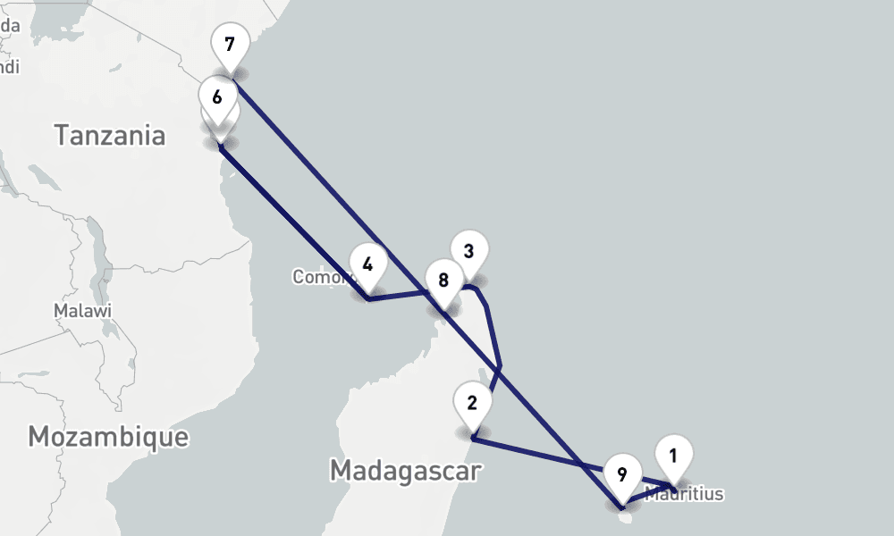 19 nights / 20 days, Port Louis (Mauritius Island) Round trip
