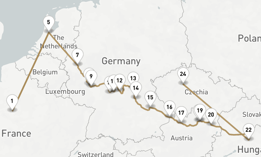 20 nights / 21 days, one-way from Paris to Prague (Czech Republic)