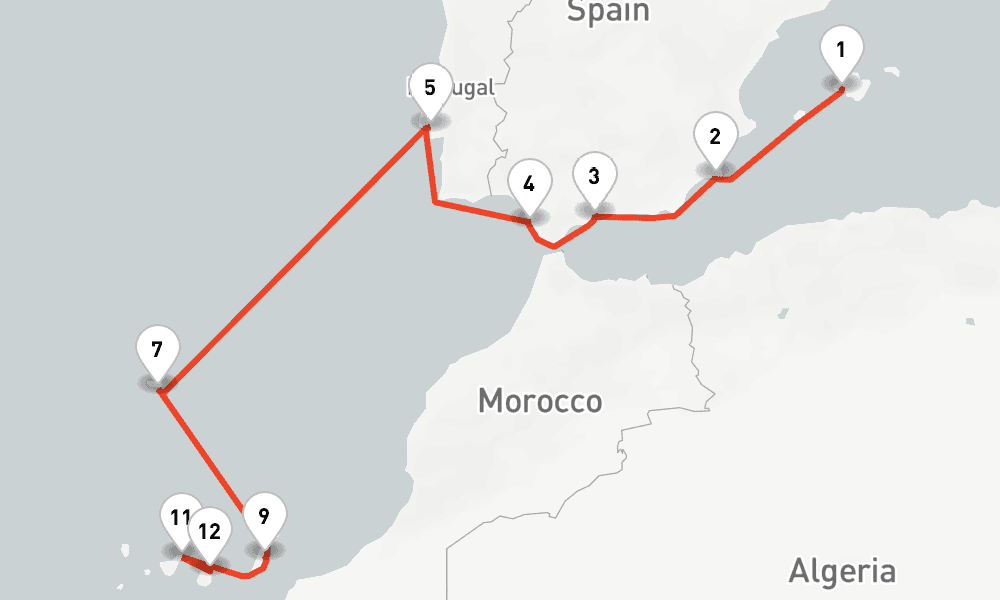 13 nights / 14 days, one-way from Palma de Mallorca (Majorca Island, Spain) to Las Palmas (Gran Canaria, Canary Islands)