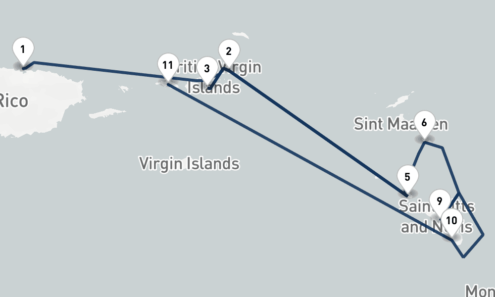 7 nights / 8 days, one-way from San Juan (Puerto Rico) to Saint Thomas Island (Charlotte Amalie, USVI)
