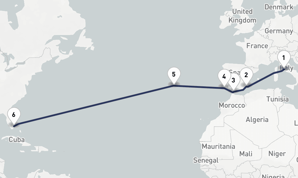 14 nights / 15 days, one-way from Civitavecchia (Rome, Italy) to Fort Lauderdale (Everglades, Florida)