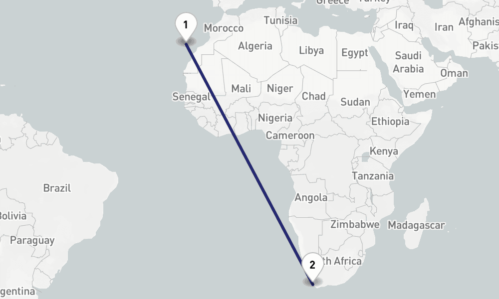 12 nights / 13 days, one-way from Santa Cruz de Tenerife (Canary Islands) to Cape Town