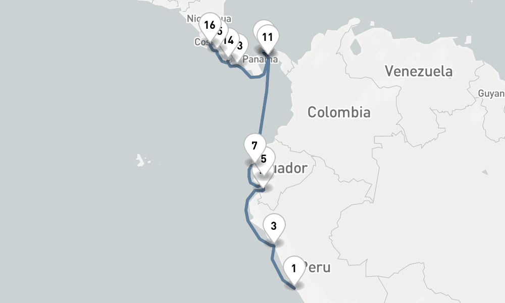18 nights / 19 days, one-way from Callao (Lima, Peru) to Puntarenas (Puerto Caldera, Costa Rica)