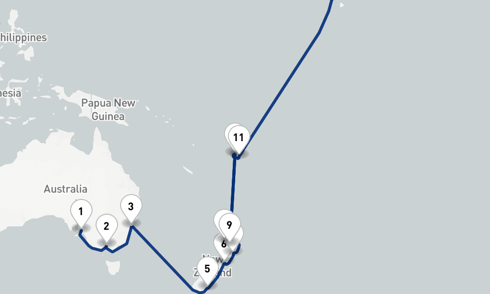 56 nights / 57 days, one-way from Adelaide (South Australia) to Southampton (England)