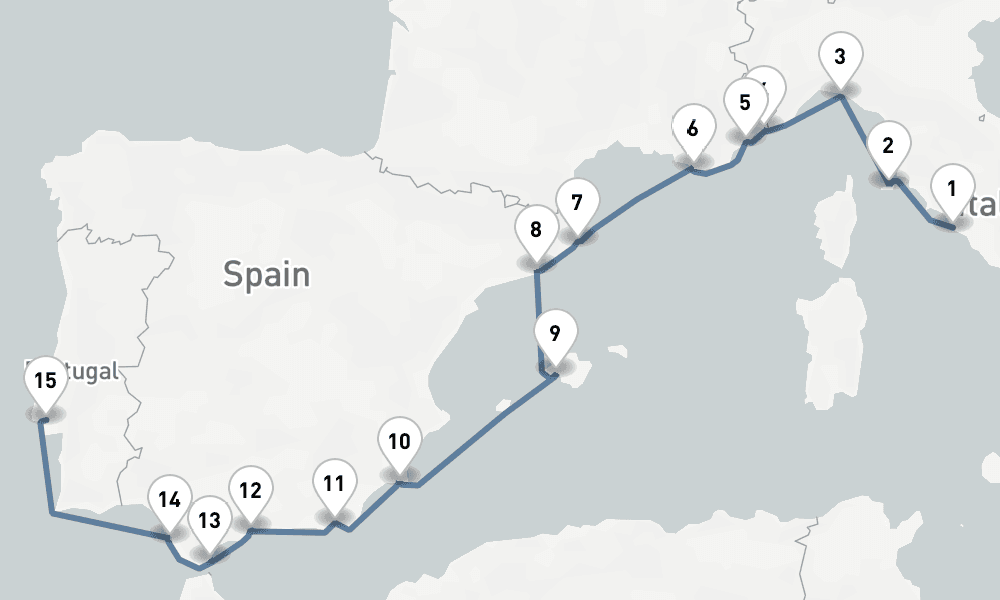 15 nights / 16 days, one-way from Civitavecchia (Rome, Italy) to Lisbon