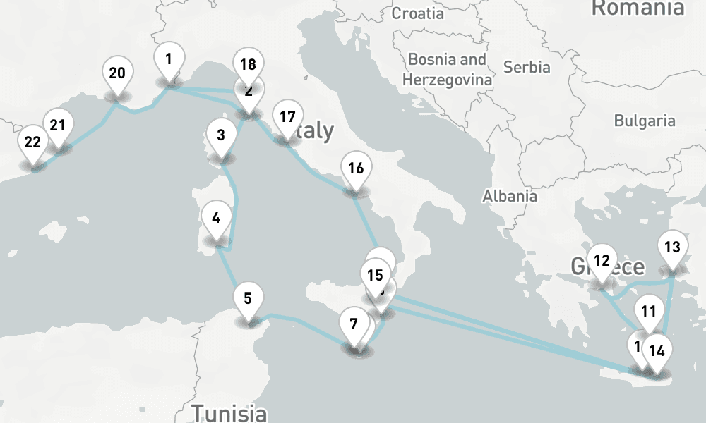 23 nights / 24 days, one-way from Villefranche-sur-Mer (Nice, France Riviera) to Barcelona