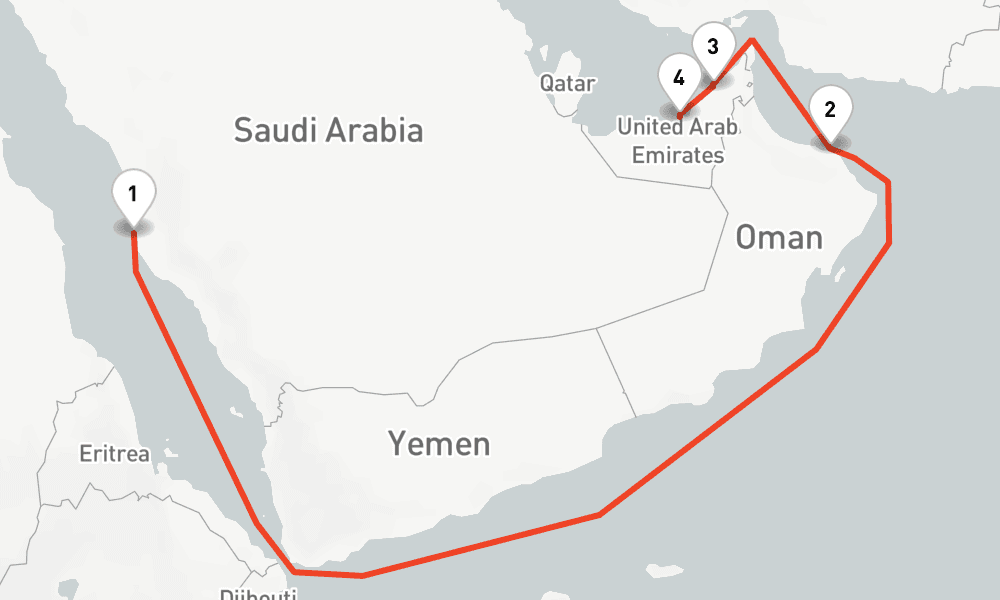 7 nights / 8 days, one-way from Jeddah to Abu Dhabi