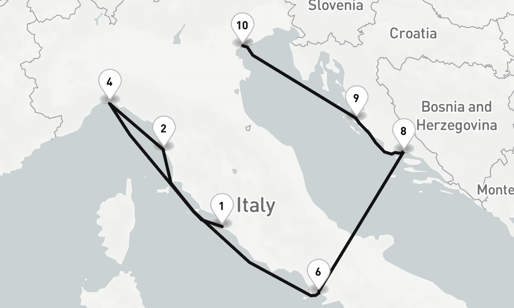 10 nights / 11 days, one-way from Civitavecchia (Rome, Italy) to Venice