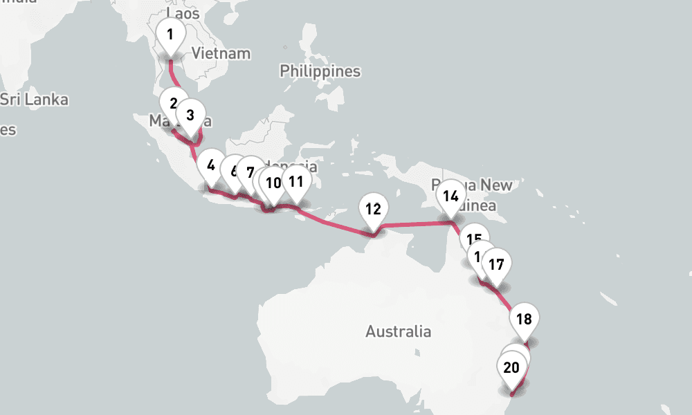28 nights / 29 days, one-way from Laem Chabang (Bangkok, Thailand) to Sydney (NSW, Australia)