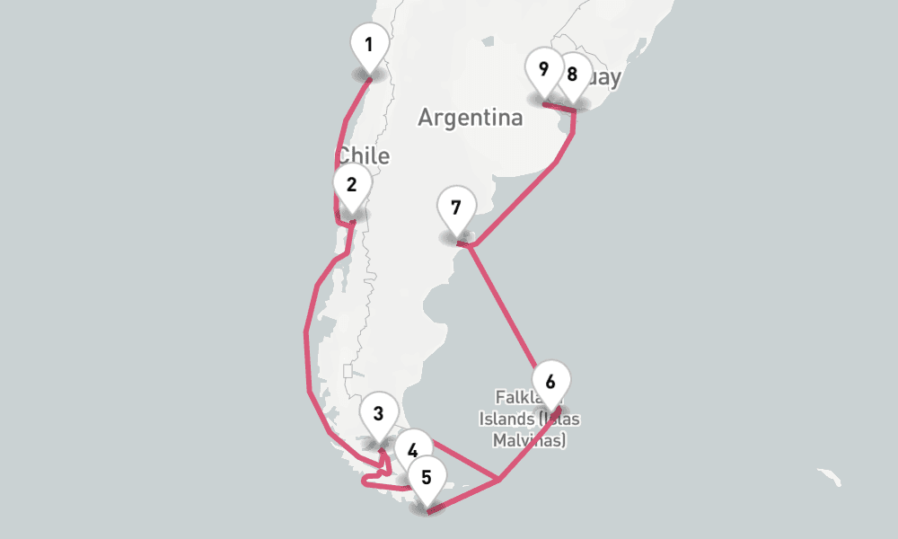 17 nights / 18 days, one-way from Valparaiso (Santiago, Chile) to Buenos Aires