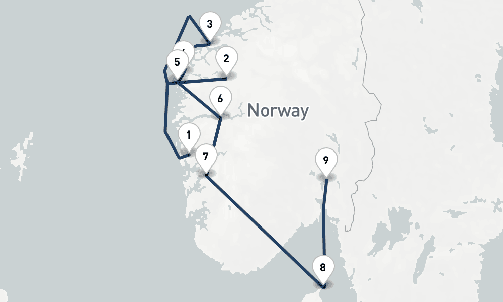 7 nights / 8 days, one-way from Bergen to Oslo