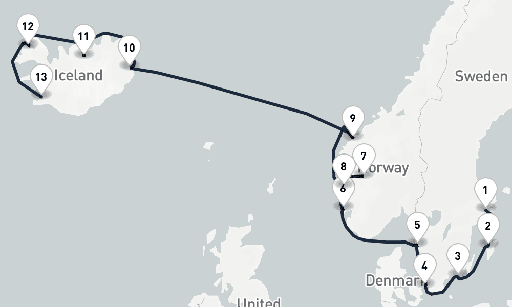 14 nights / 15 days, one-way from Stockholm to Reykjavik