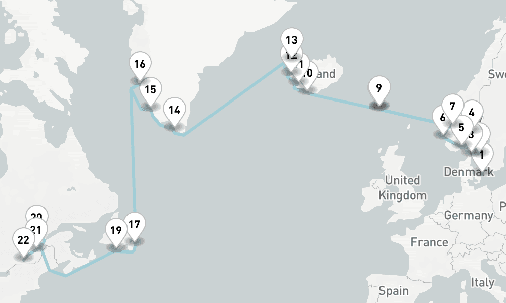 30 nights / 31 days, one-way from Copenhagen to Montreal (Quebec, Canada)