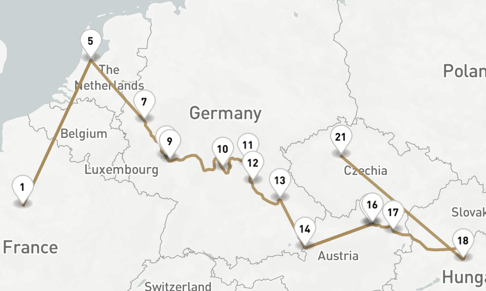 20 nights / 21 days, one-way from Paris to Prague (Czech Republic)
