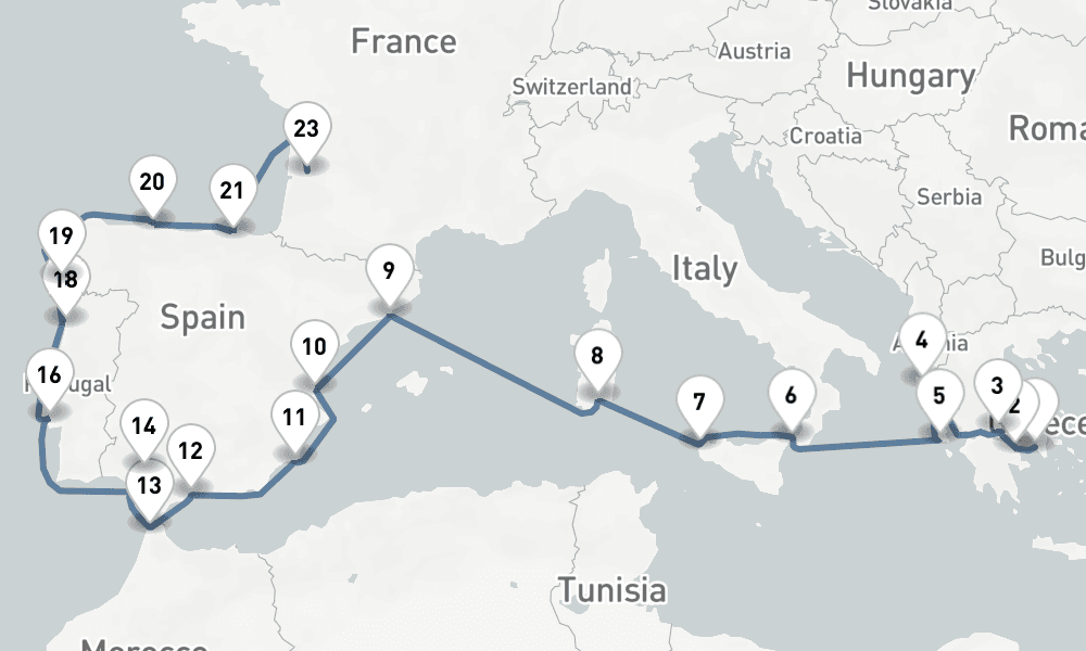 24 nights / 25 days, one-way from Piraeus (Athens, Greece) to Bordeaux