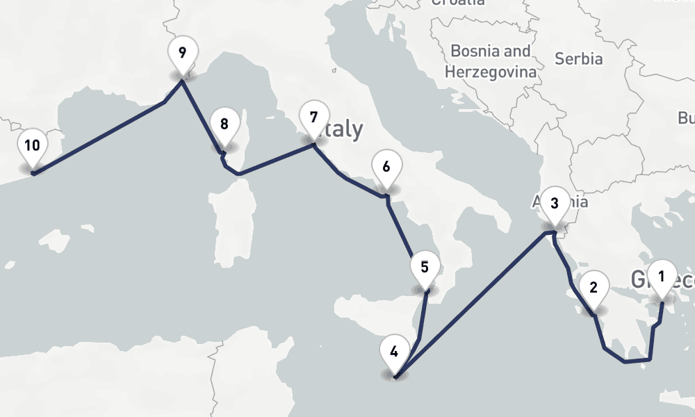 11 nights / 12 days, one-way from Piraeus (Athens, Greece) to Barcelona