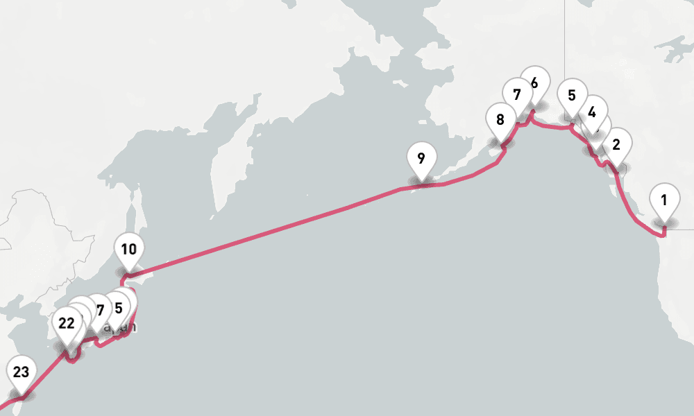 36 nights / 37 days, one-way from Vancouver (BC Canada) to Hong Kong