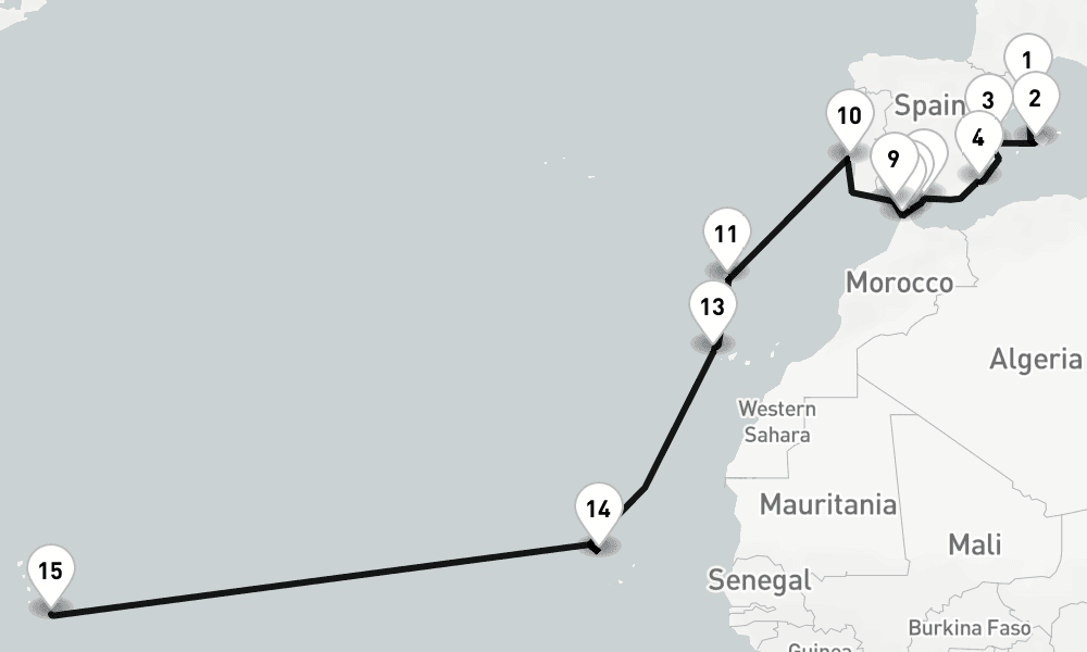 23 nights / 24 days, one-way from Barcelona to Bridgetown (Barbados)